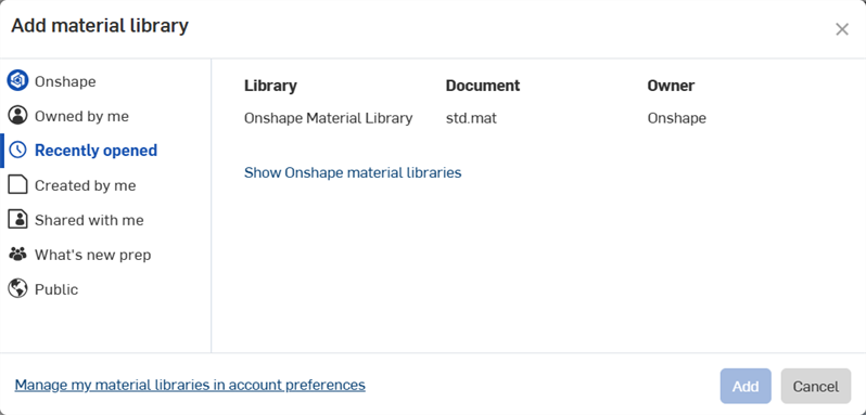 „Material-Bibliothek hinzufügen“ – Suchfilter