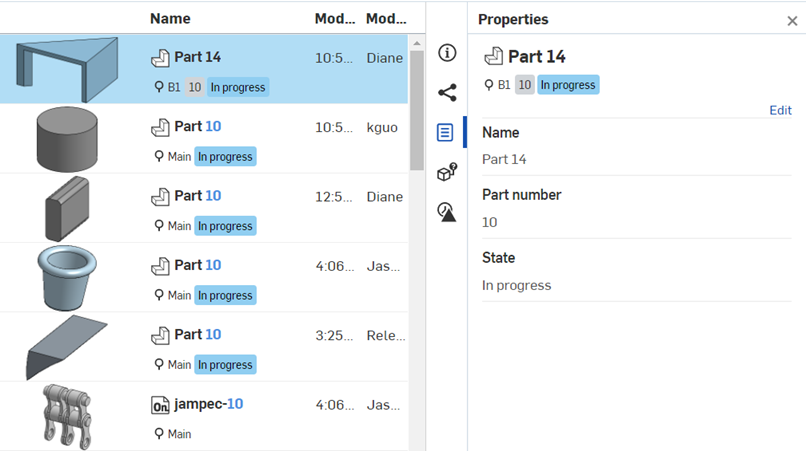 Suchergebnisse in der „Mein Onshape“-Palette