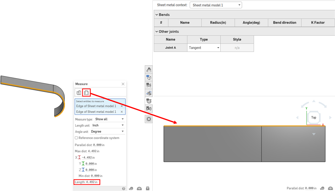 Measure tool for a sheet metal model in flat view.