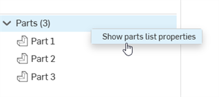 Show parts list properties