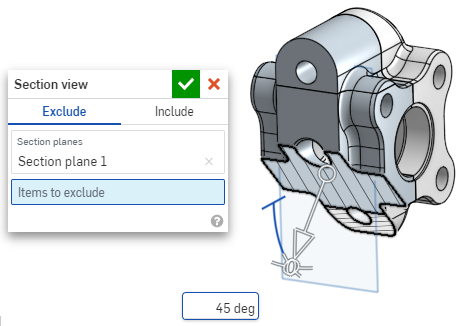 Section view dialog with example showing a 45 degree rotation on a model, when excluding sections from the view