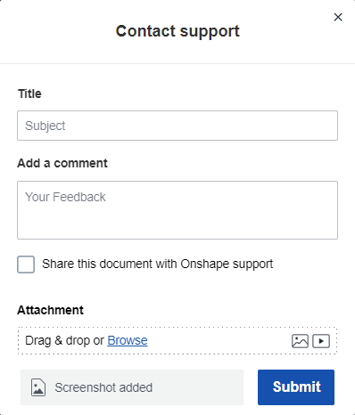 Contact support dialog with screenshot added