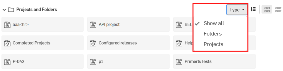 Documents page Projects and Folders Type dropdown menu
