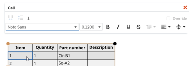 Beispiel für die Aktivierung der Toolbox „Stücklistentabelle“ durch einmaliges Klicken in eine Tabellenzelle oder -zeile