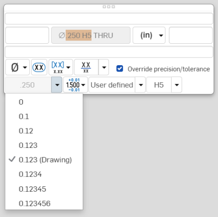 Bemaßungspalette Passgenauigkeit, Dropdown-Optionen (Screenshot)