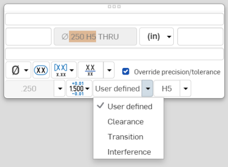 Bemaßungspalette Passformtyp, Dropdown-Optionen (Screenshot)