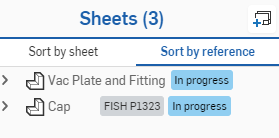 Palette „Blätter", Registerkarte „Nach Referenz sortieren", wenn Referenzen in der Struktur reduziert sind