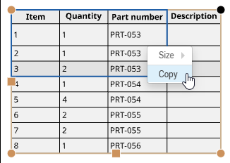 Blue selection box in a table and Copy selected from the context menu