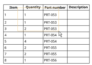 Yellow selection box in a table