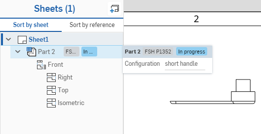 Wenn Sie den Mauszeiger über eine Ansichts-Referenz eines konfigurierten Bauteils bewegen, wird ein Tooltip der Konfigurationsauswahl angezeigt