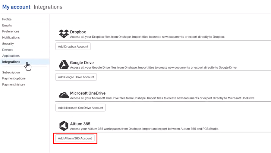 My Account > Integrations