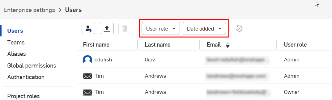 User list filter buttons