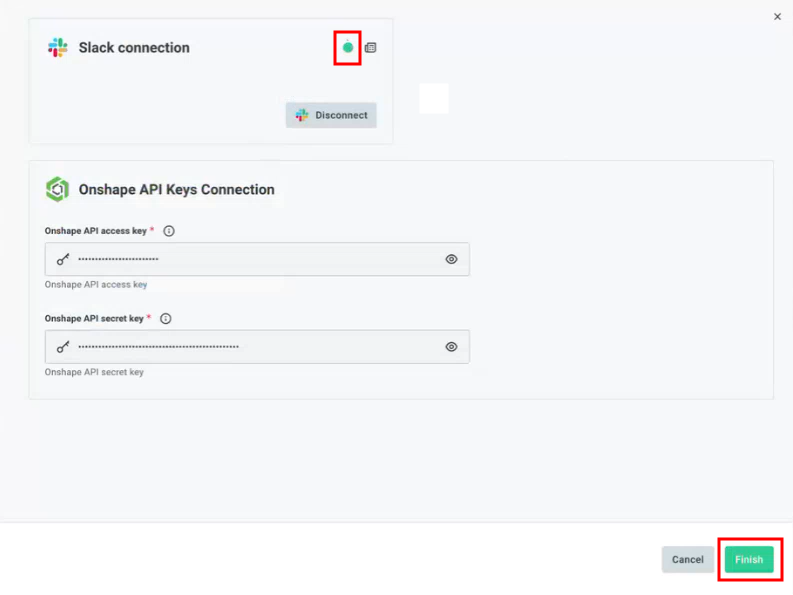 Successful connection between Onshape and Slack