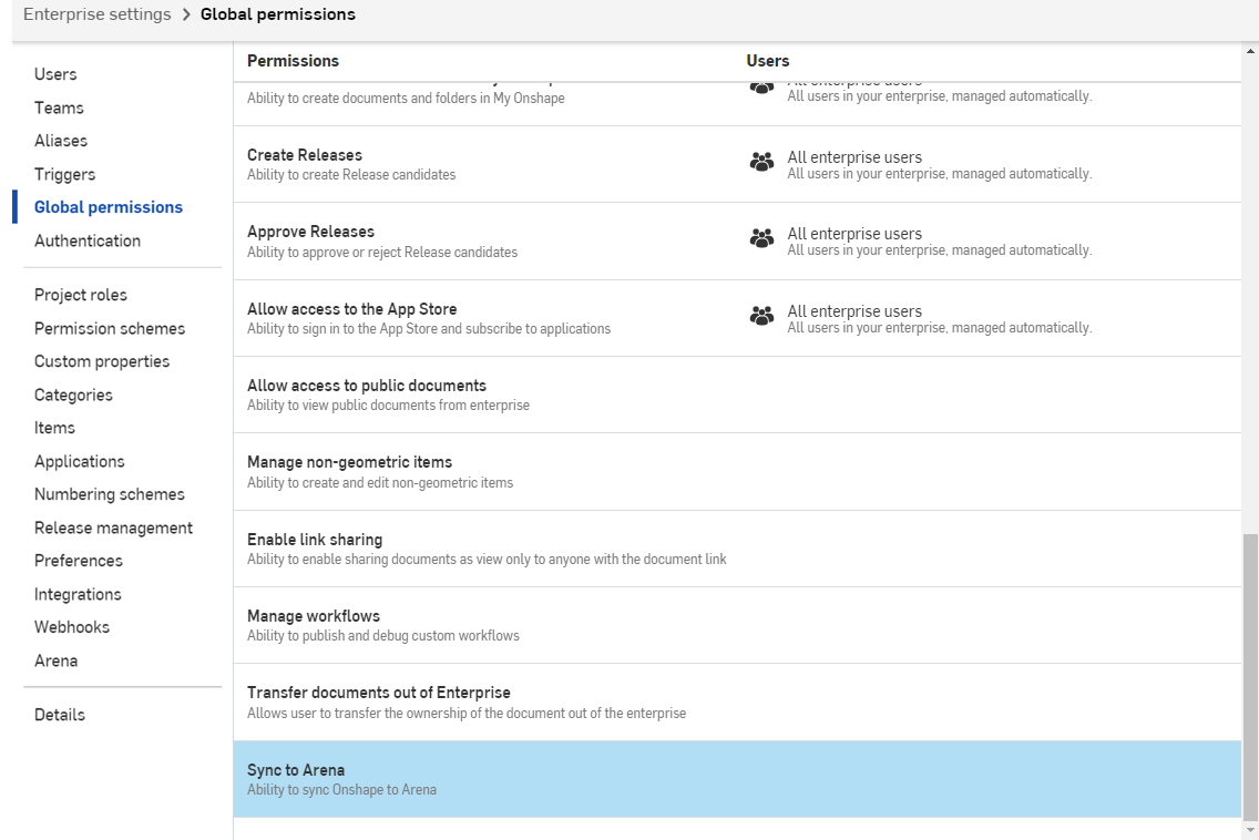 Enterprise settings, Sync to Arena global permission