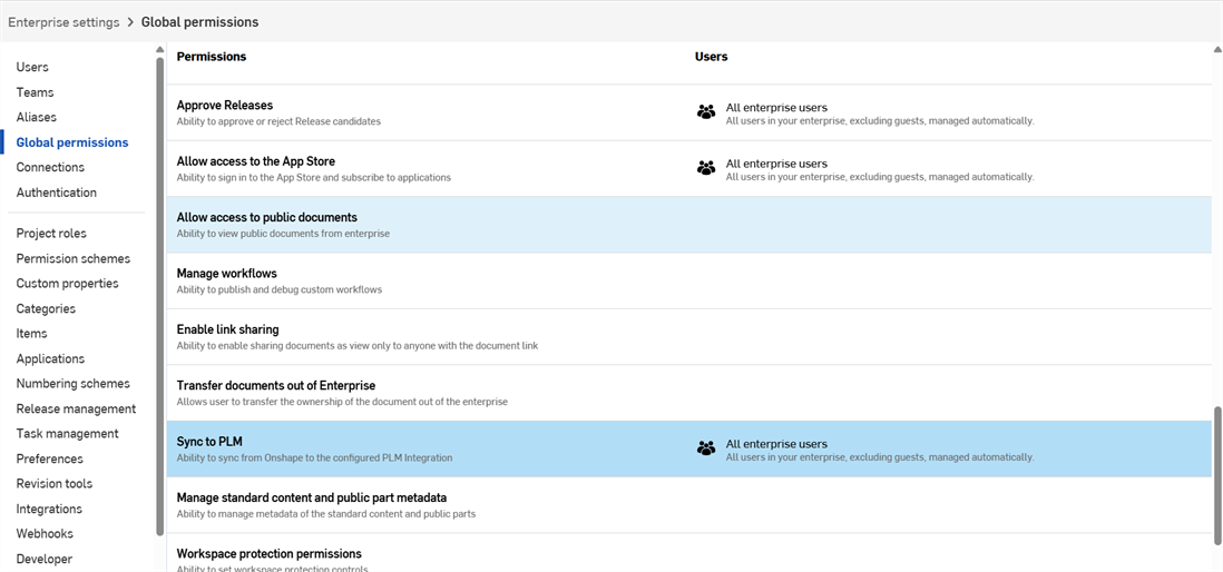 Enterprise settings, Sync to Arena global permission