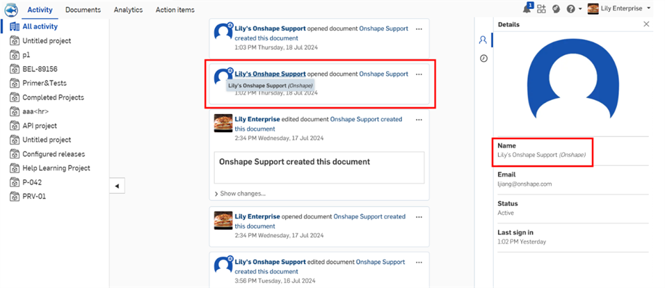Onshape-Benutzer im Aktivitäts-Feed