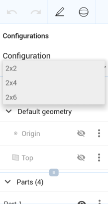 Example of the Configurations section of the Feature list in a Part Studio on Android