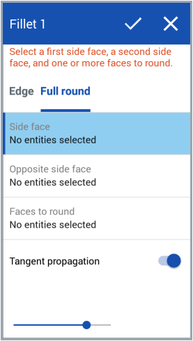 Full Round fillet dialog box on Android device