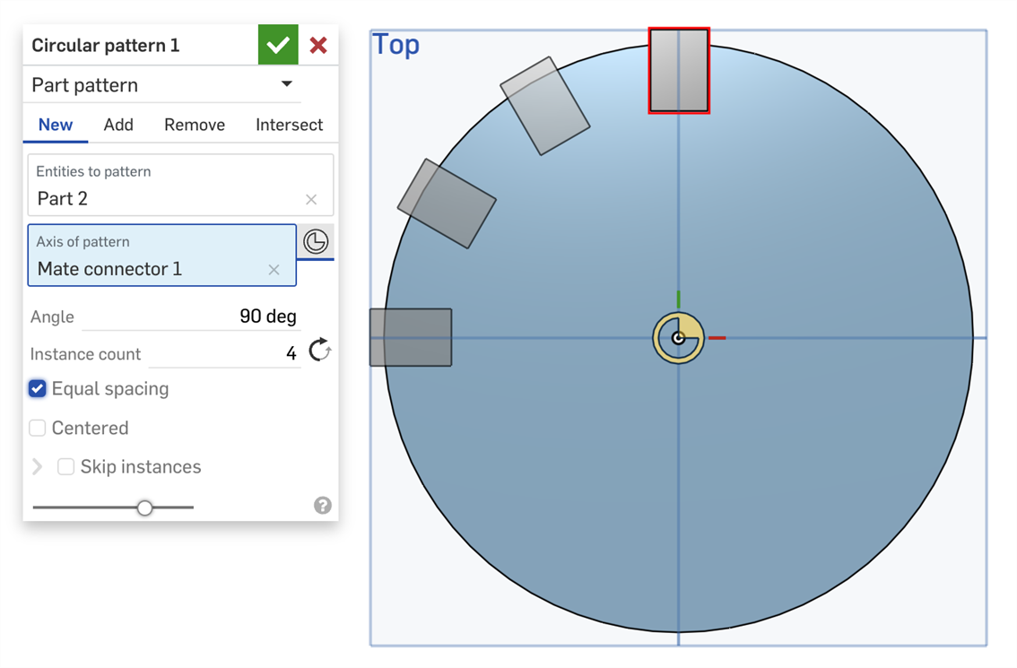 Circular pattern example, with Equal spacing checked, the parts are equally spaced within 90 degrees.