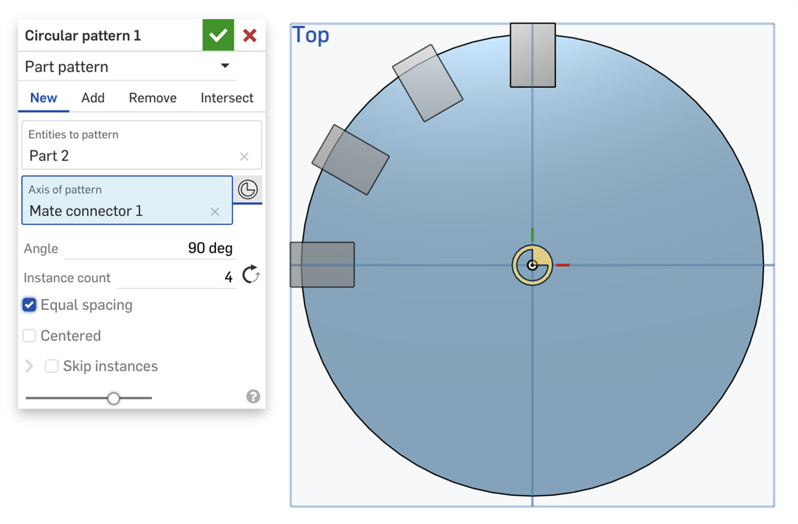 Circular pattern example, with Equal spacing checked, the parts are equally spaced within 90 degrees.