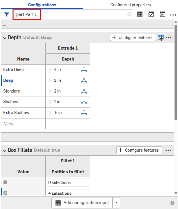 Filter config panel by part name