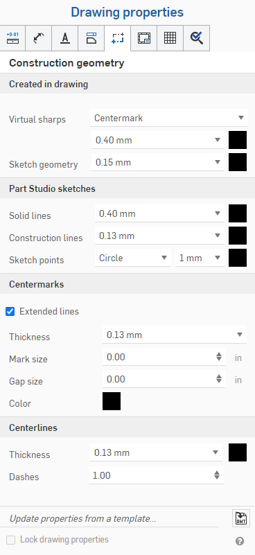 Zeichnungseigenschaften-Palette, Registerkarte „Konstruktionsgeometrie“