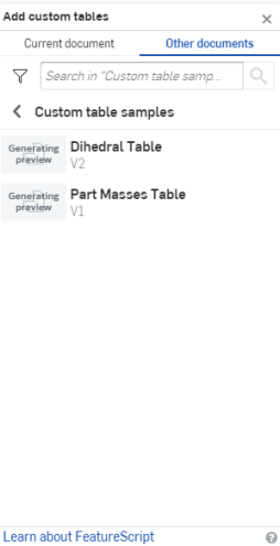 Benutzerdefinierte Tabelle aus anderen Dokumenten auswählen