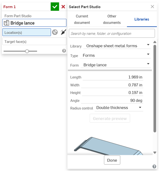 Forms dialog with Select Part Studio dialog open