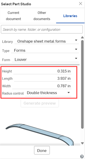 Select Part Studio for Forms with various input options