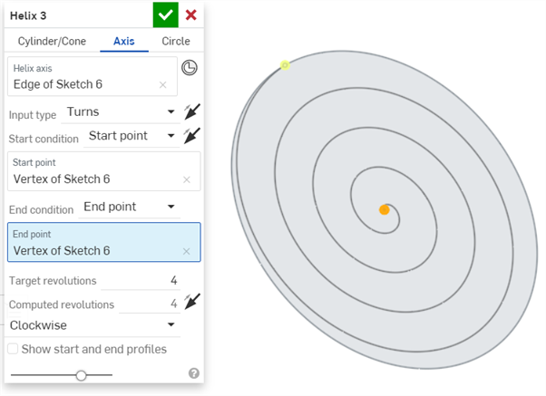 Helix circle path example with start and end points on the same plane