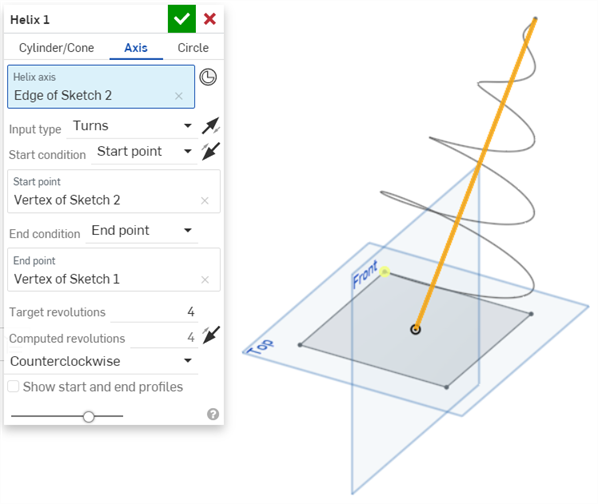 Helix axis path example with start and end points on different planes