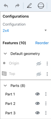 Example of the Configurations section of the Feature list in a Part Studio on an iOS