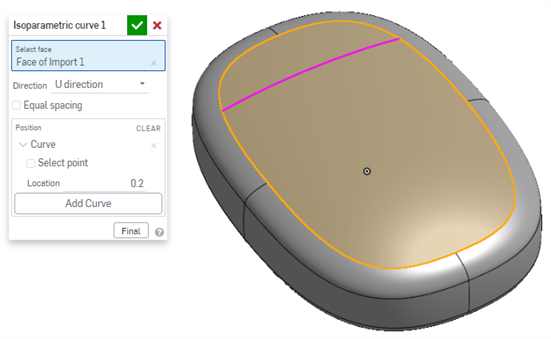 Isoparametric curve in V direction with equal spacing