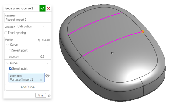 Isoparametric curve in V direction with equal spacing