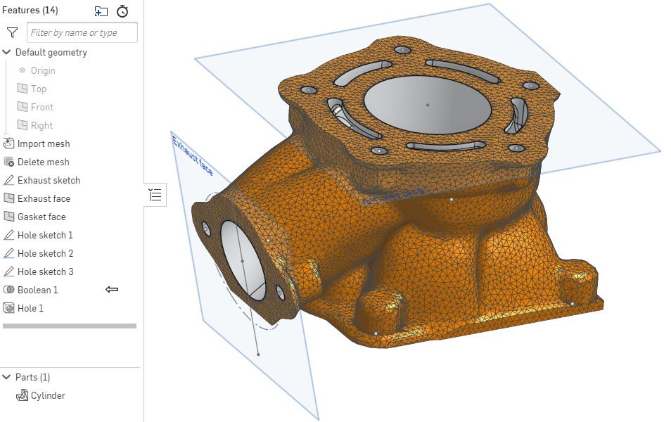 A mixed model (mesh and b-rep data) including the Feature list in a Part Studio