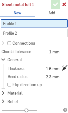 Sheet metal loft dialog