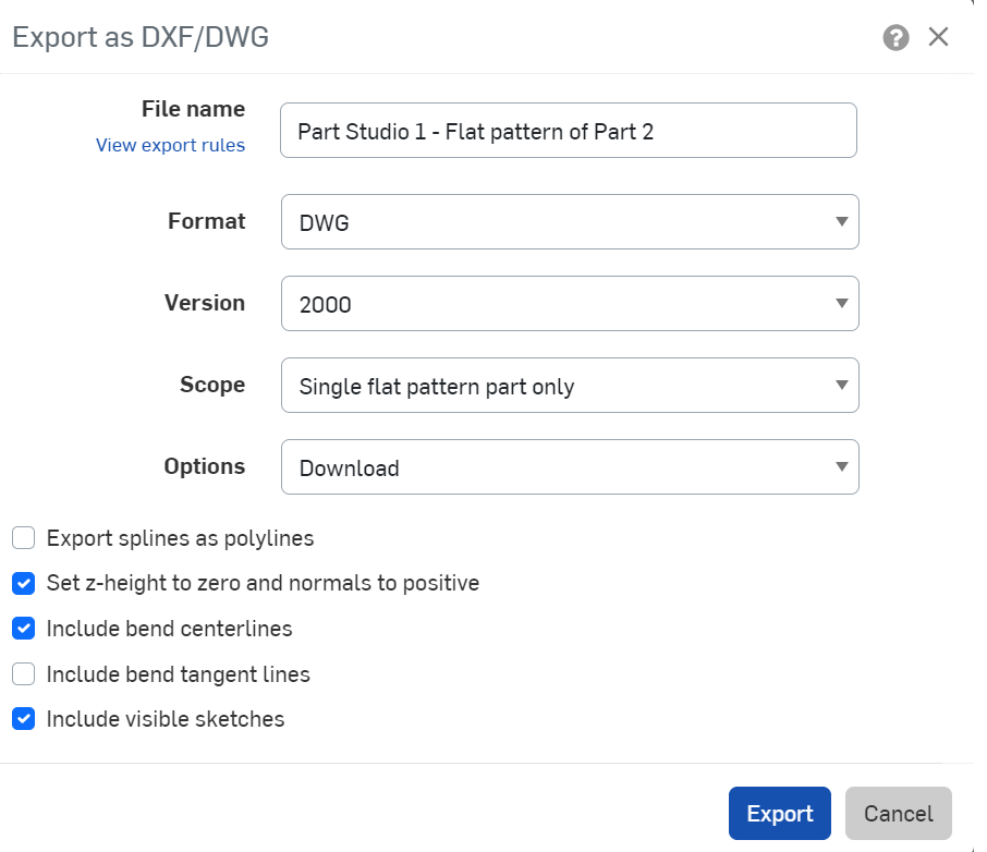 Beispiel für das Dialogfenster bei „DXF/DWG von Blechabwicklung exportieren“