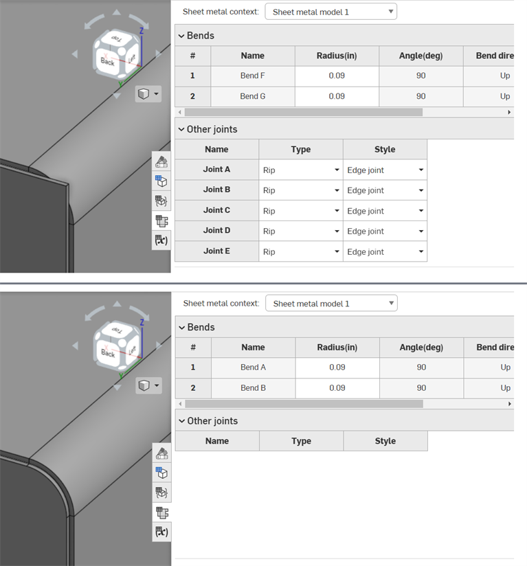 before and after example of Corner break in the Sheet metal table and flat view