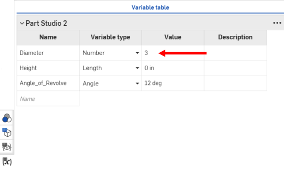 Beispiel, das zeigt, wo man in der Variablentabelle klicken muss, um auf die Dropdown-Liste für die Spalte „Variablentyp“ zuzugreifen