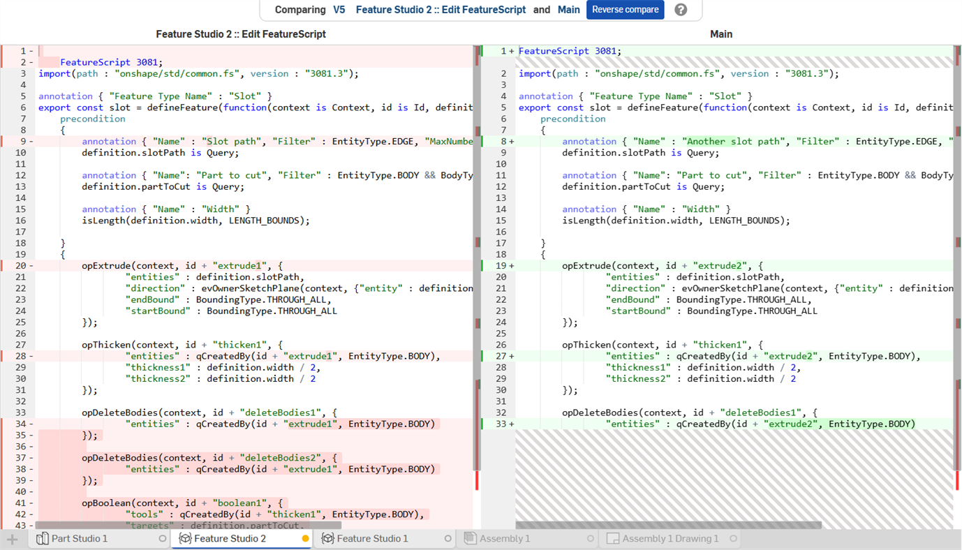 Comparing two FeatureScript workspace histories