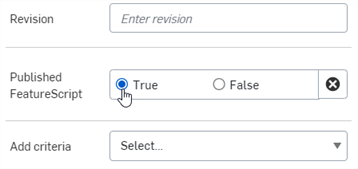 Dialogfenster „Erweiterte Suche“ mit der Option „Kriterien hinzufügen: Veröffentlichtes FeatureScript“