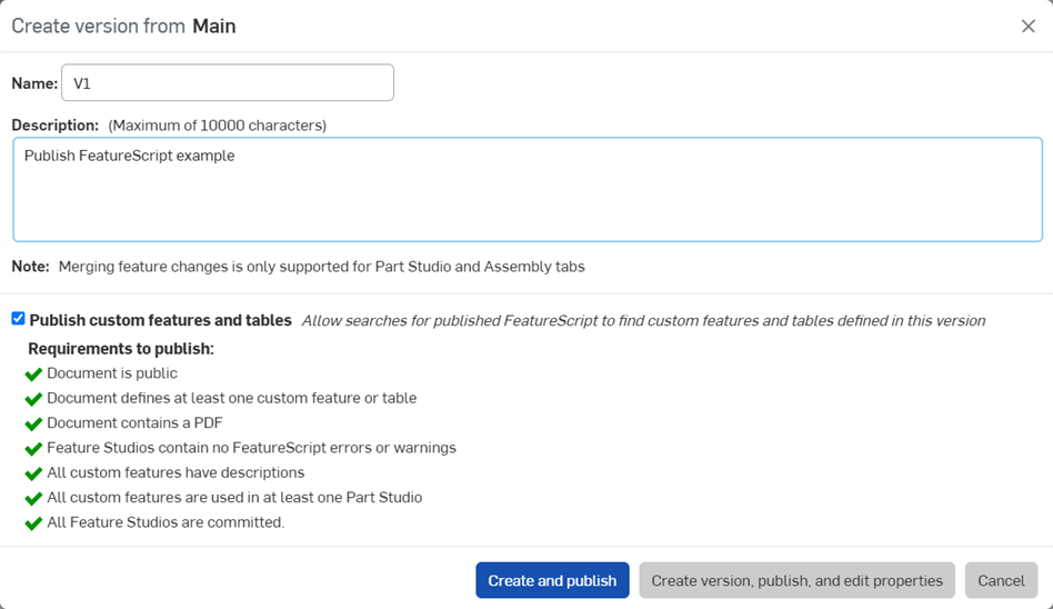 Create version dialog with the Publish custom features and tables option