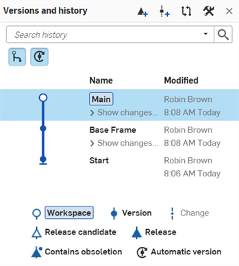 Beispiel für die Benennung der ersten Version „Basisrahmen“ mit Anzeige des neuen Namens in der Palette „Versionen und Historie“