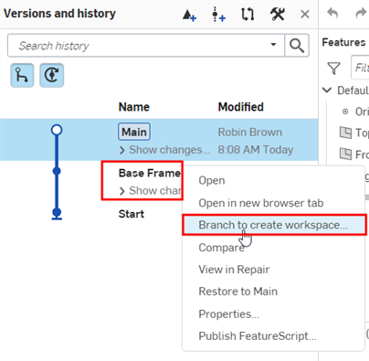 Beispiel für die Auswahl von „Verzweigen, um Arbeitsbereich zu erstellen“ aus dem Kontextmenü
