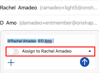 Example of Assigning tasks to multiple users in the Comments flyout on iOS