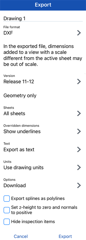 Export drawing dialog on iOS