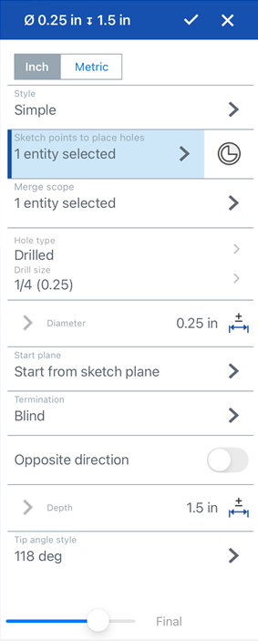 iOS-Dialogfenster „Bohrung“