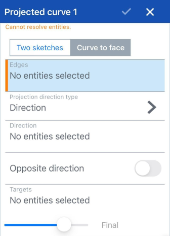 Projected curve dialog with Curve to face option selected, iOS platform