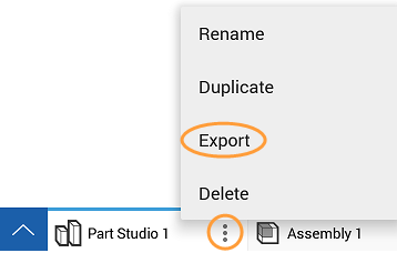 Beispiel eines Überlaufmenüs in der Registerkarte Part Studio mit „Export“ hervorgehoben