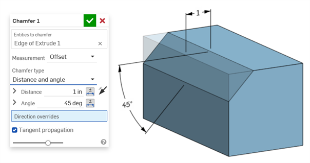 Chamfer MBD: Distance and angle example